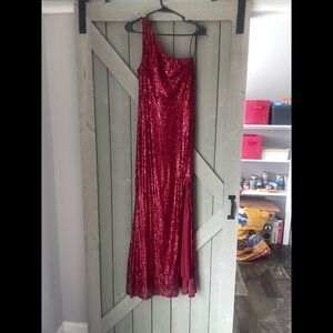 Red Sequin One-Shoulder Gown